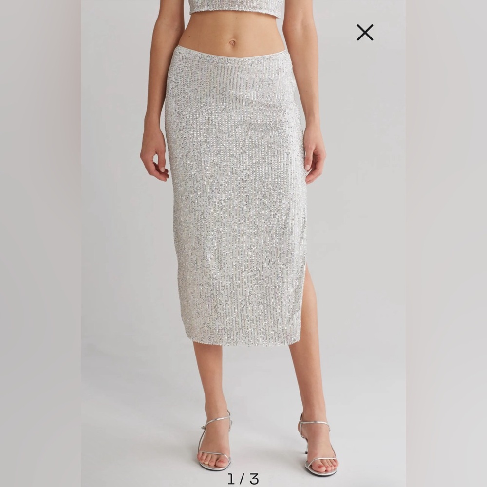 New! Walter Baker Crista‎ Sequin Side Slit Midi Skirt in Ice Sz 4 $268